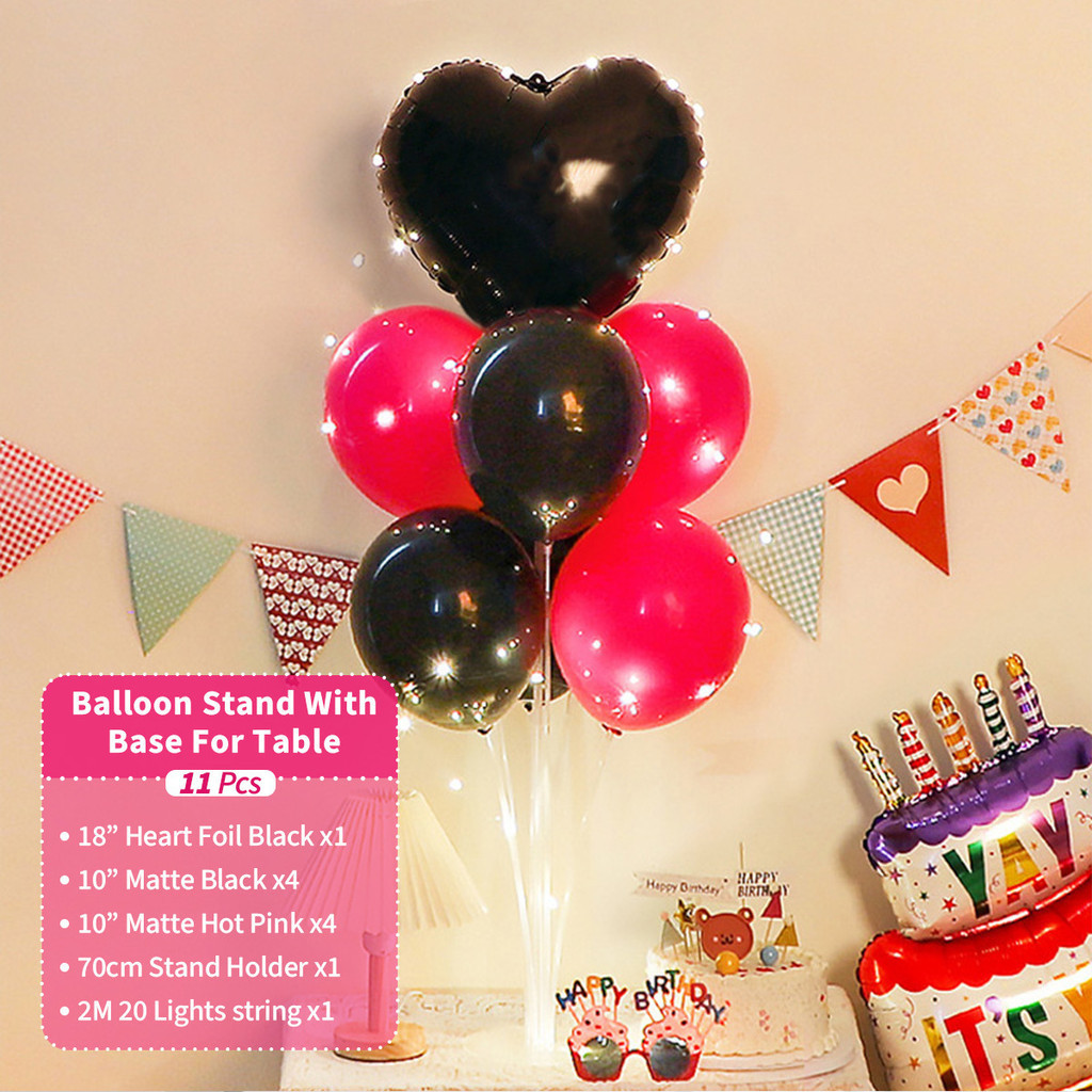Hot Pink Balloon With Lights Black Rose Heart Foil Balloon Stand