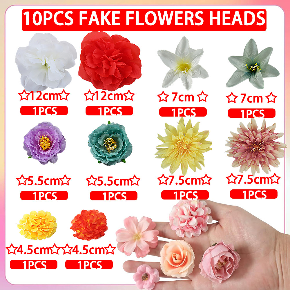 10Pcs/Set Fake Flower Heads For Crafts Mini Silk Flower Heads Faux Rose ...