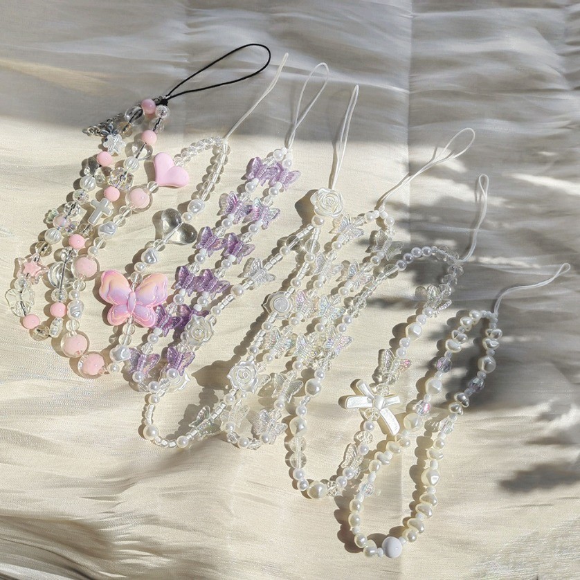 Phone Charm Pink ASHASHA Mobile Phone Strap Pearl Beaded Flower