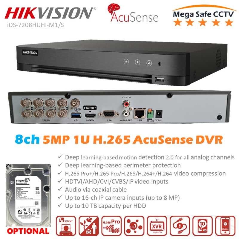 HikVision IDS-7208HUHI-M1/S 8-Channel 5MP 1U H.265 Acusense DVR, Motion ...