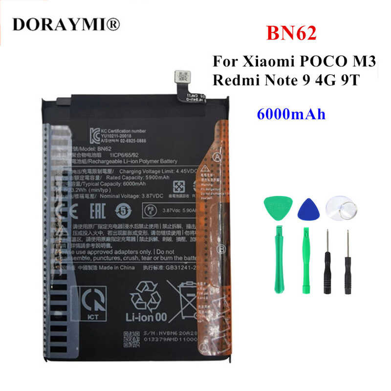 Original 6000mah Bn62 Battery For Xiaomi Poco M3 Redmi Note 9 4g 9t Phone Bateria Replacement 8198