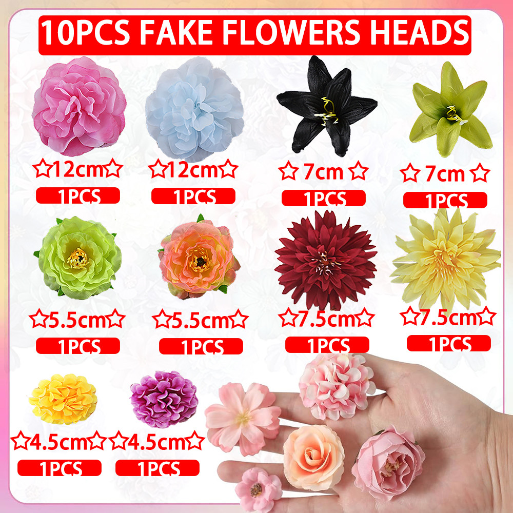 10Pcs/Set Fake Flower Heads For Crafts Mini Silk Flower Heads Faux Rose ...