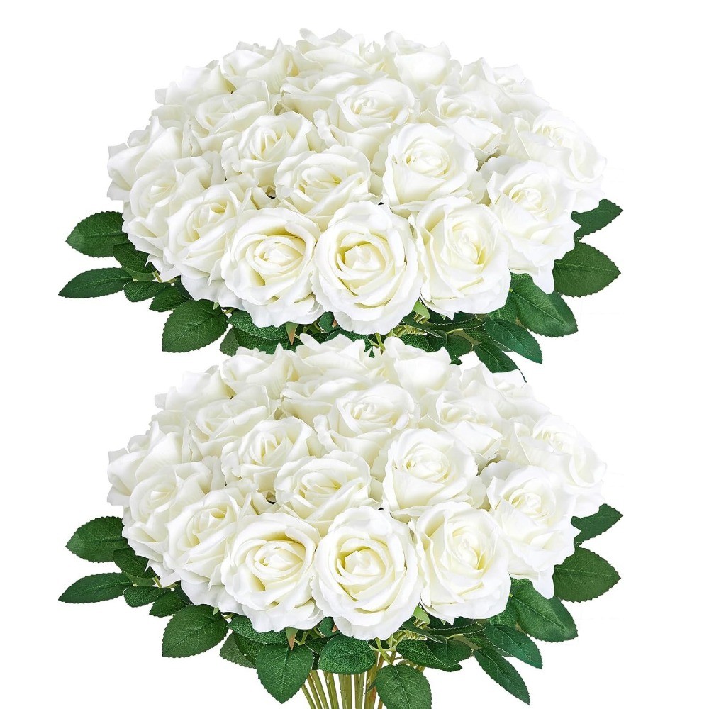 1PC Artificial White Roses Fake Silk Roses with Long Stems Realistic ...