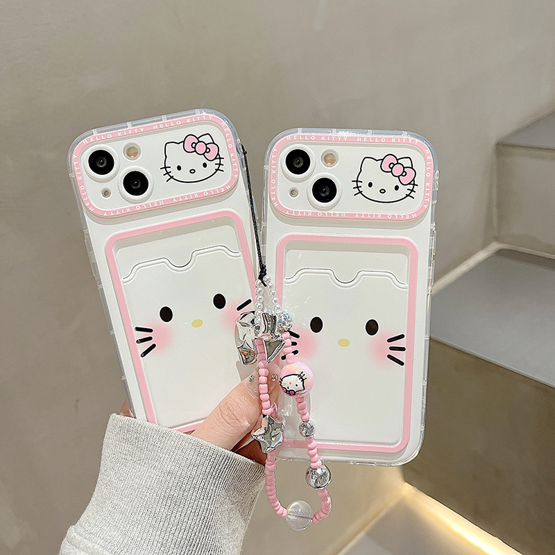 Lovely Pink Hello Kitty with Chain Card Holder Phone Case Compatible ...