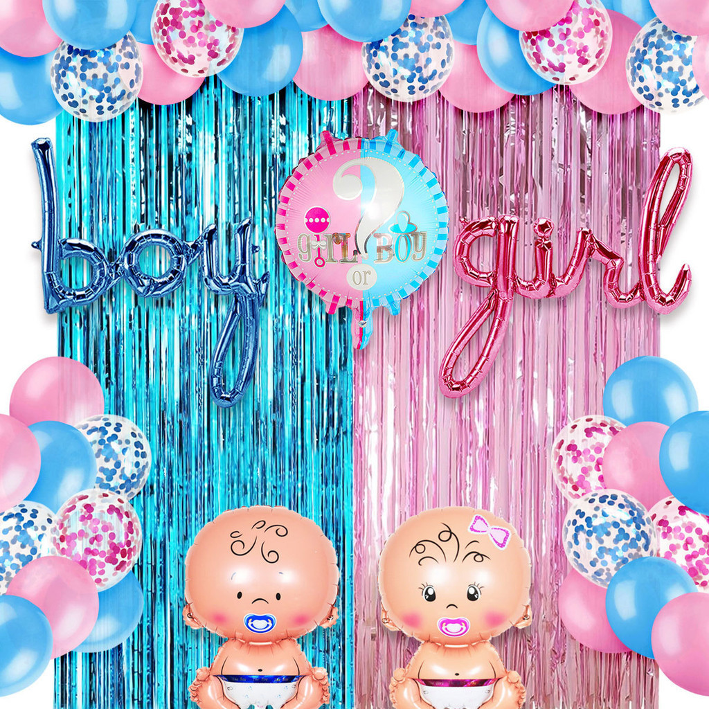 Gender Reveal Party Decorations Blue Pink Foil Curtain Balloon Set For