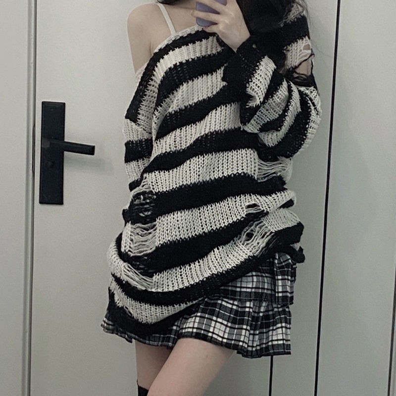 Karrram Pink Striped Gothic Sweaters Women Ripped Holes Loose Knitted ...