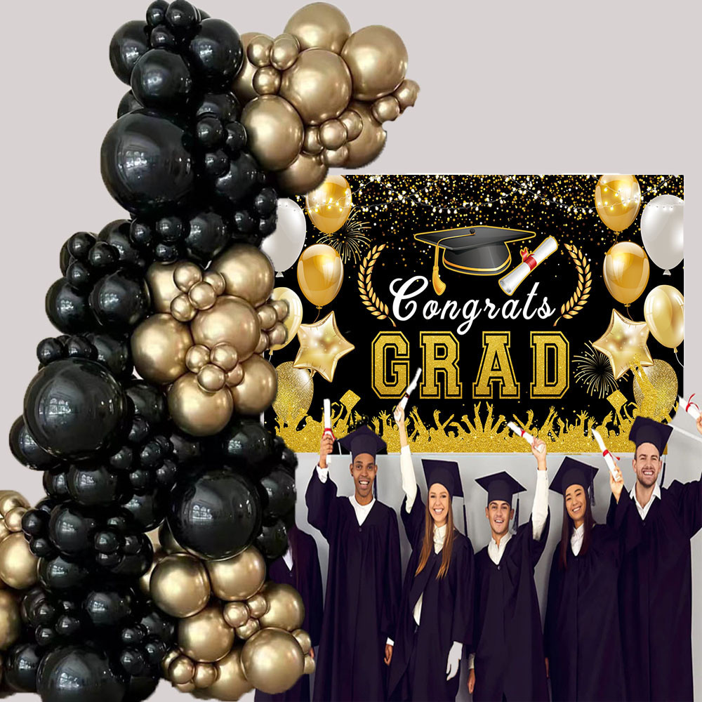 108pcs/Set 2024 Black Gold Graduation Backdrops Balloon Garland Arch ...
