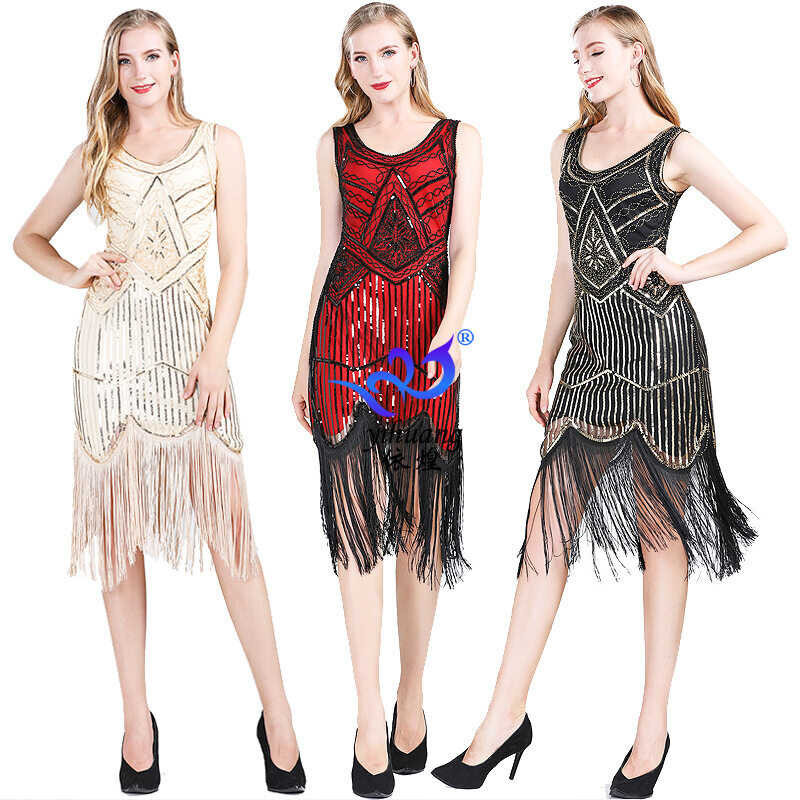 Robe Gatsby Années 1920 Pour Femme - Robe Charleston Paillettes Franges Col V Genou