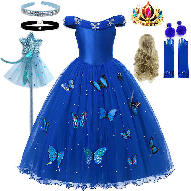Cinderella Prinzessinnenkostüm Für Mädchen – Blaues Tüllkleid Mit Schmetterlingen, Für Hochzeit, Geburtstag, Cosplay