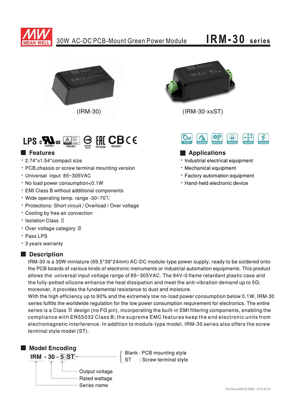 MEAN WELL IRM-30-12ST 30W Screw Terminal Encapsulated Power Module 110V ...