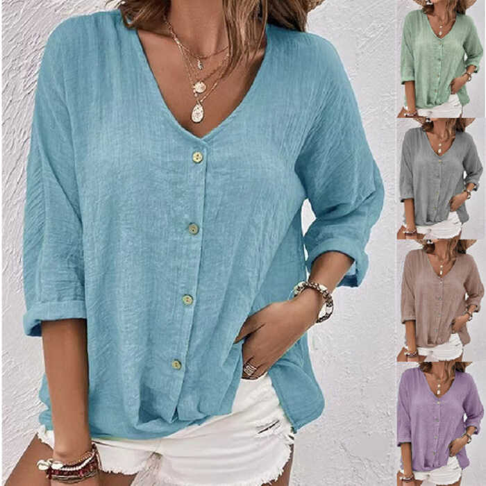 952 2025 Taglagas Taglamig TEMU Bagong Kababaihan V Leeg Button Chiffon ...
