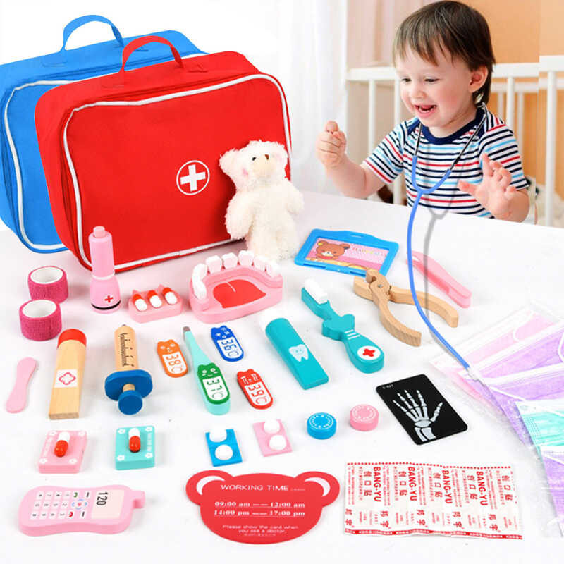 Doctor Toys Wooden Pretend Play Kit Games Girls Boys Red Medical ...
