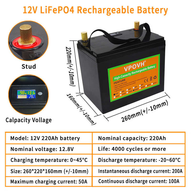 Lifepo4 12v 220ah Battery Bulit In Bms Lithium Iron Phosphate Rechargeable Cells 4000 Cycles 2937