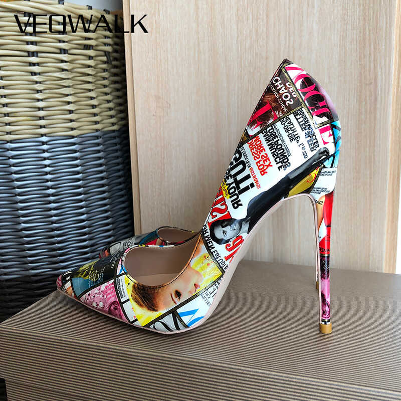 Magazine Veowalk Print Women Pointy Toe High Heel Shoes 80 100 120 Sexy Designer Stiletto Pumps 6976