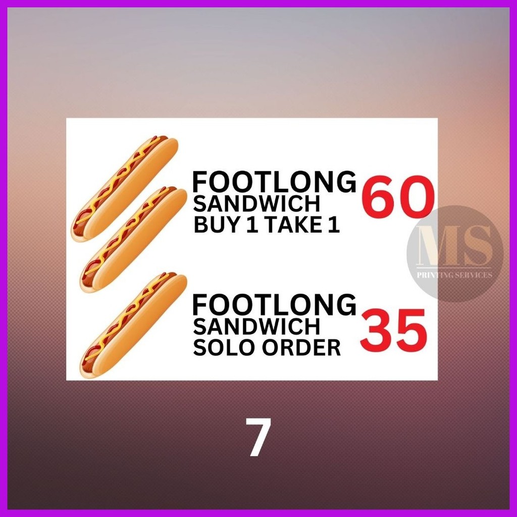 ∇ ♘ Burger Hotdog Ham and Cheese Siomai Footlong Laminated Signage and ...