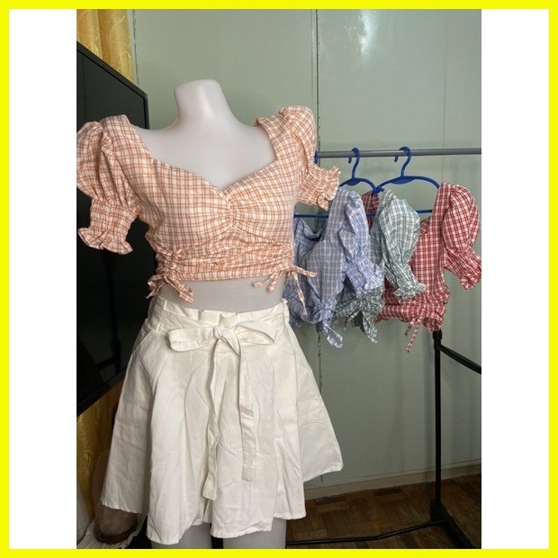 Dee Authentic Bangkok Tops Korean Style Puff Sleeves Checkered | Shopee ...