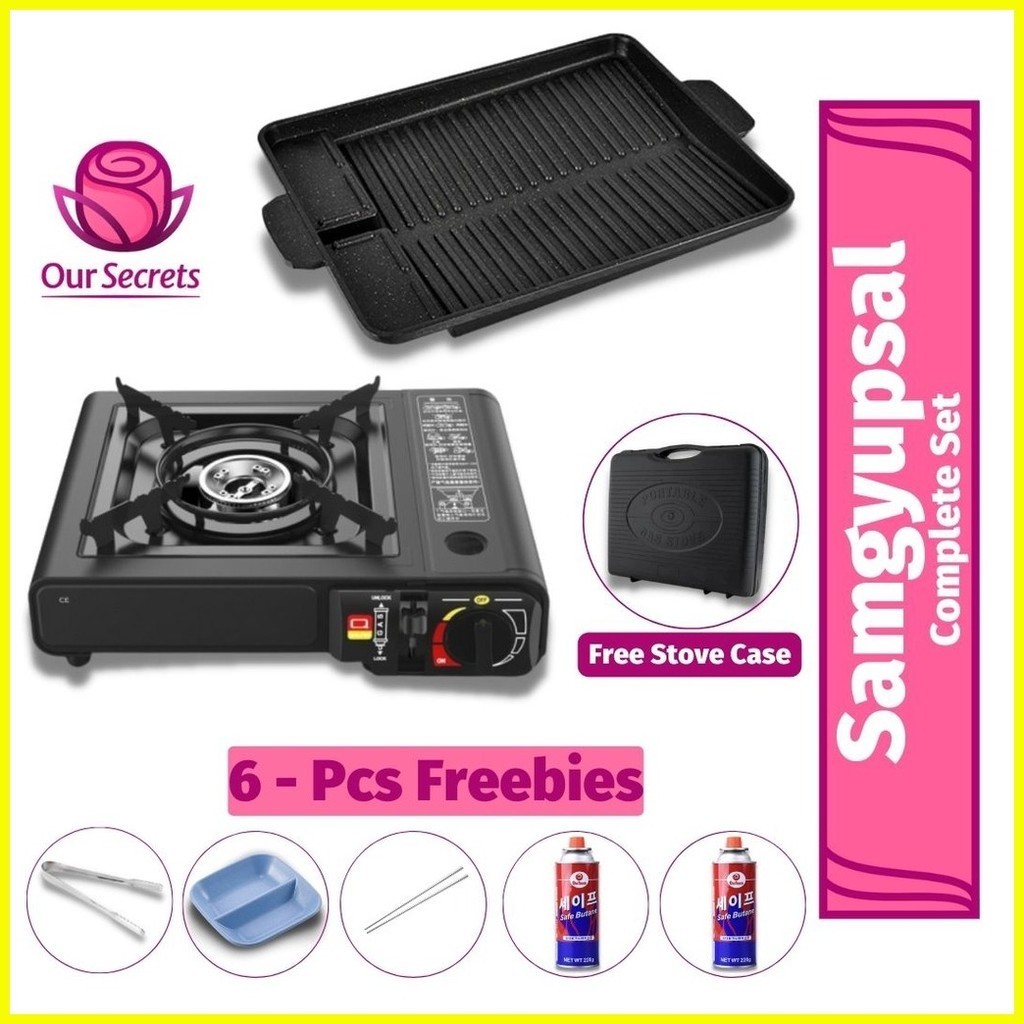 Korean Samgyupsal Grill Rectangle Pan Set With Portable Single Gas Stove, Pan Nonstick Shopee