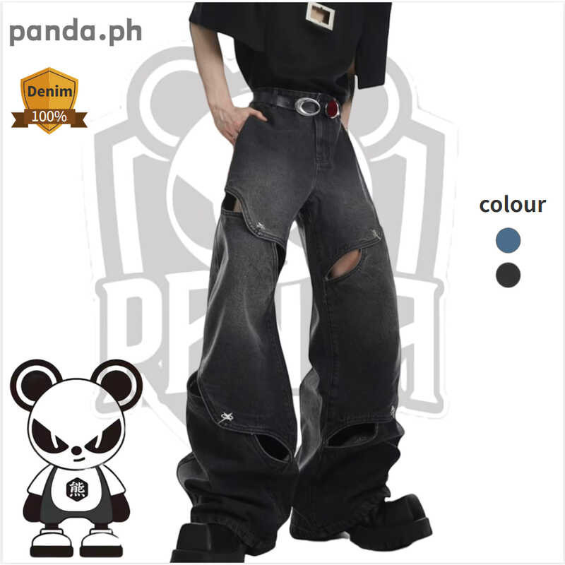 Panda.Ph】Wide Leg \12304; Hole Ripped Black Maong Loose Tide Baggy ...