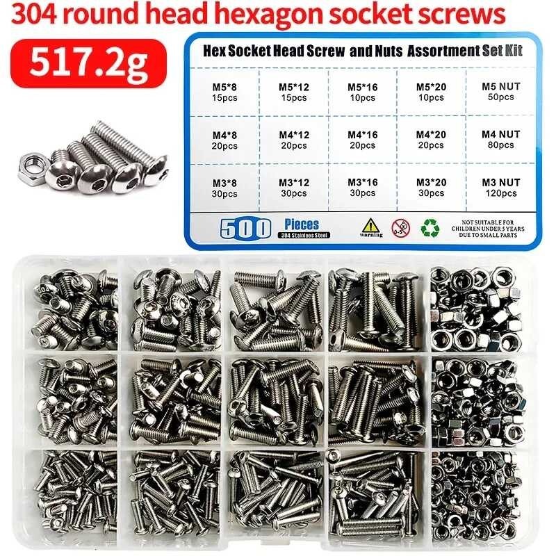 440-Piece M3 Stainless Steel Screw And Nut Assortment Kit - 304 Grade Hex Socket Head With Storage Box & Hex Keys