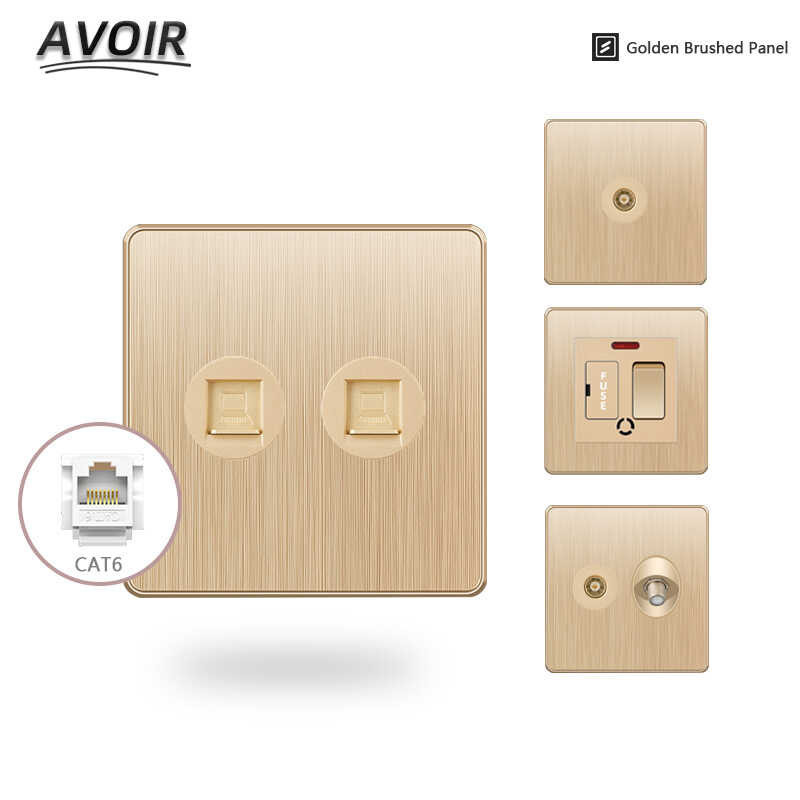 Rj45 Avoir Wall Computer TV Socket Golden Brushed Panel 86*86Mm Cable ...