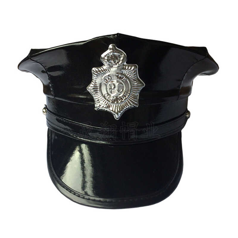 Lalaki Octagonal PU US Police Officer Flat Top Role Play Black Leather ...