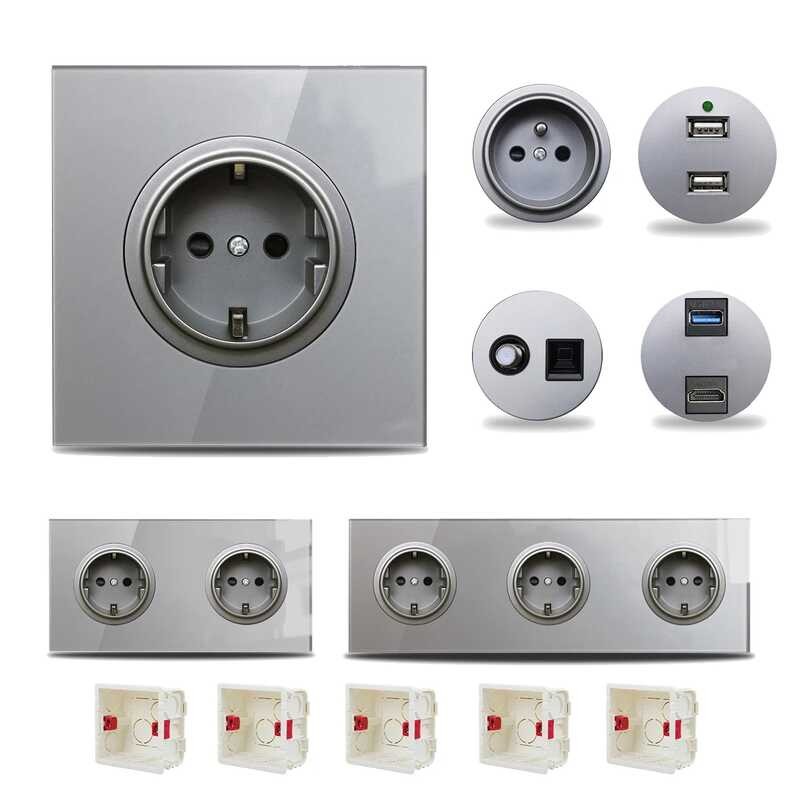 Grey Crystal Glass EU Wall Power Socket Power Outlet Round Design TV ...