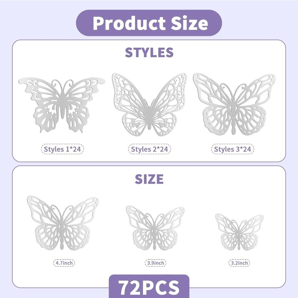 12PCS 3D Laser Colorful Silver Butterfly Wall Decor Metallic Butterfly ...