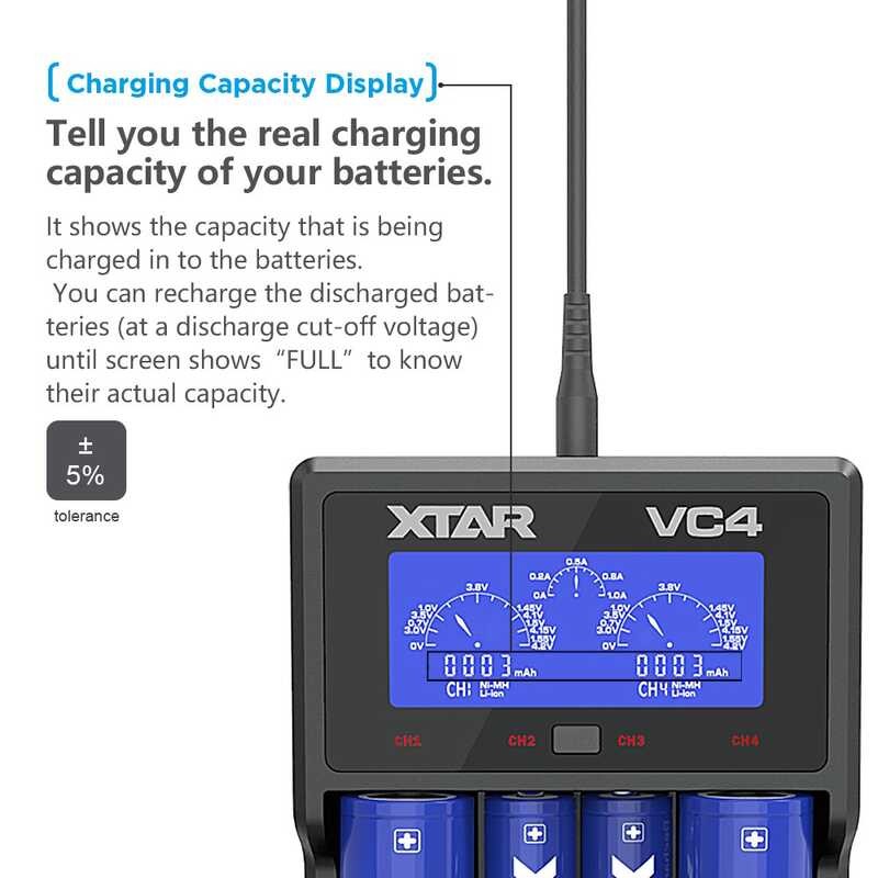 XTAR Charger Vc4 Vc2 With Adapter LCD Screen Display Ni-Mh/Ni-Cd AA AAA ...