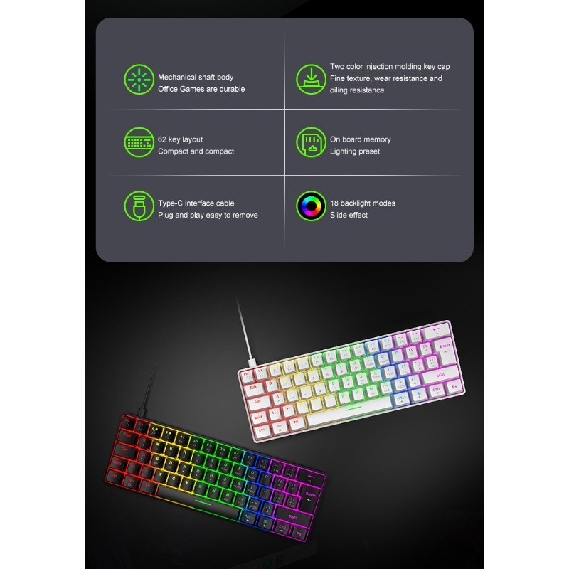 Jxct60 Wired 2m Waterproof 62 Keys 18 Types Backlit Game Mechanical ...