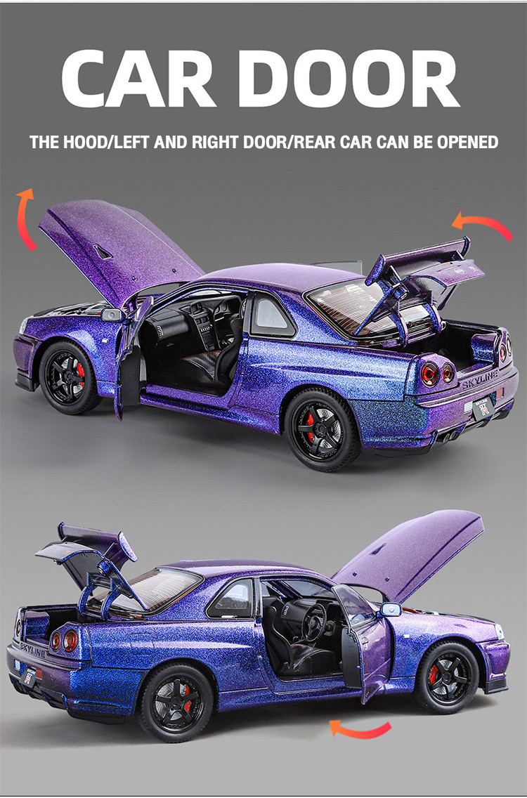 KLT 1:24 Nissan GTR R34 Metal Alloy Toys Car Model Diecast Vehicle For ...