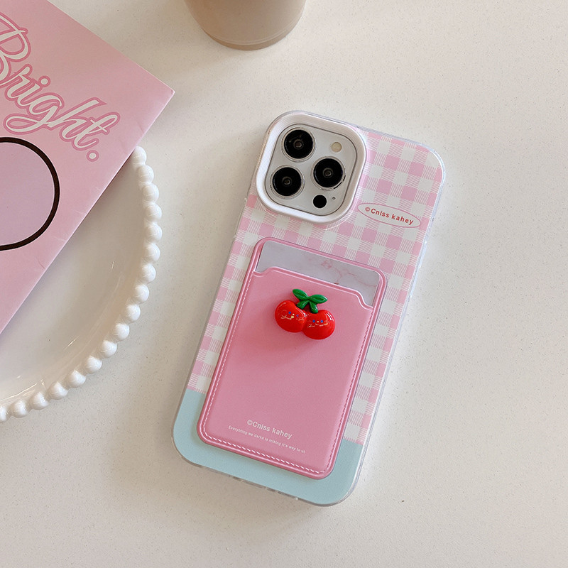 Korean 3D Cherry Colorful Wave Point Pink Checkered Stripes 3 in 1 Card ...