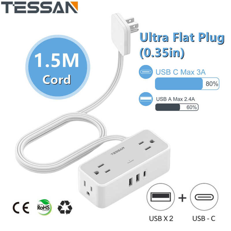 TESSAN Flat Plug Power Strip With 2 Outlets & 3 USB Ports - 5FT Thin Extension Cord For Home & Travel
