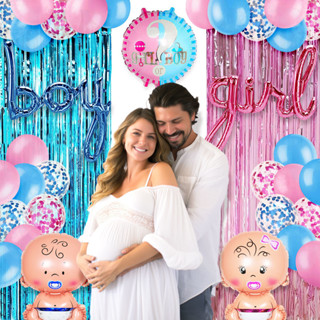 Gender Reveal Party Decorations Blue Pink Foil Curtain Balloon Set For