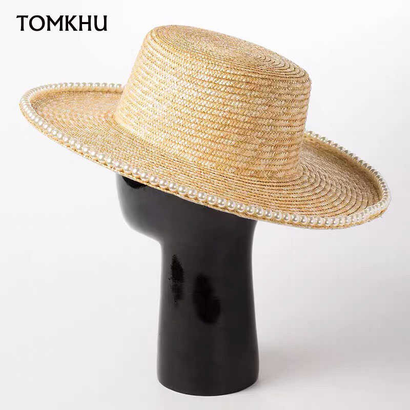 New Classical Wheat Straw Flat Top Wide Brim Boater Hat na may Pearl ...