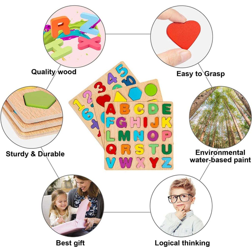 ABC Alphabet Puzzle Wooden Toys Kid Number Letter Shape Matching Jigsaw ...