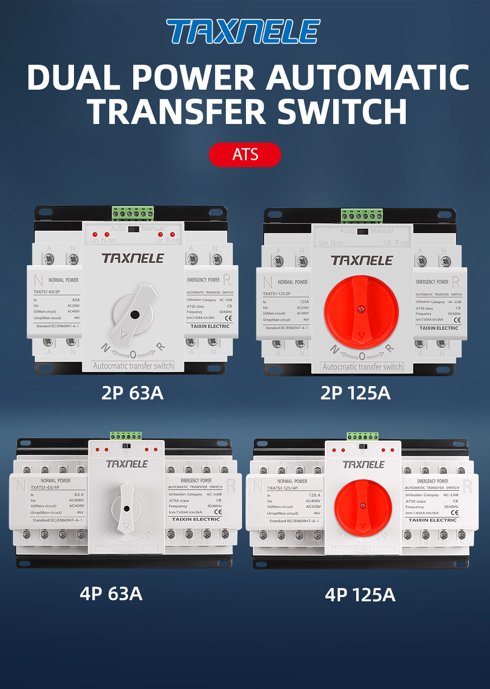 ATS 2P 4P 63A 125A Dual Power Automatic Transfer Switch AC230V 380V ...
