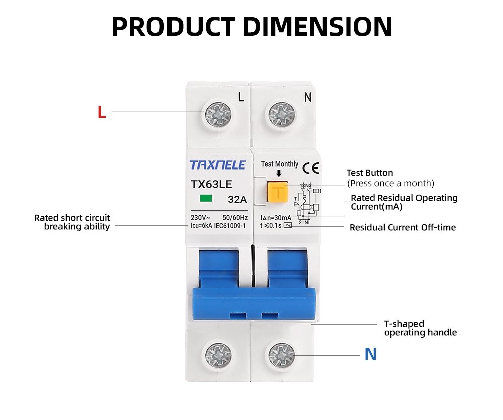 32A 63A 230V 2P Residual Current Circuit Breaker 30mA Overload Short ...
