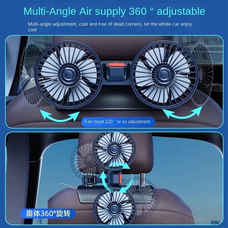 Car rear fan 360 degree USB double head fan 3 speed car rear seat fan ...
