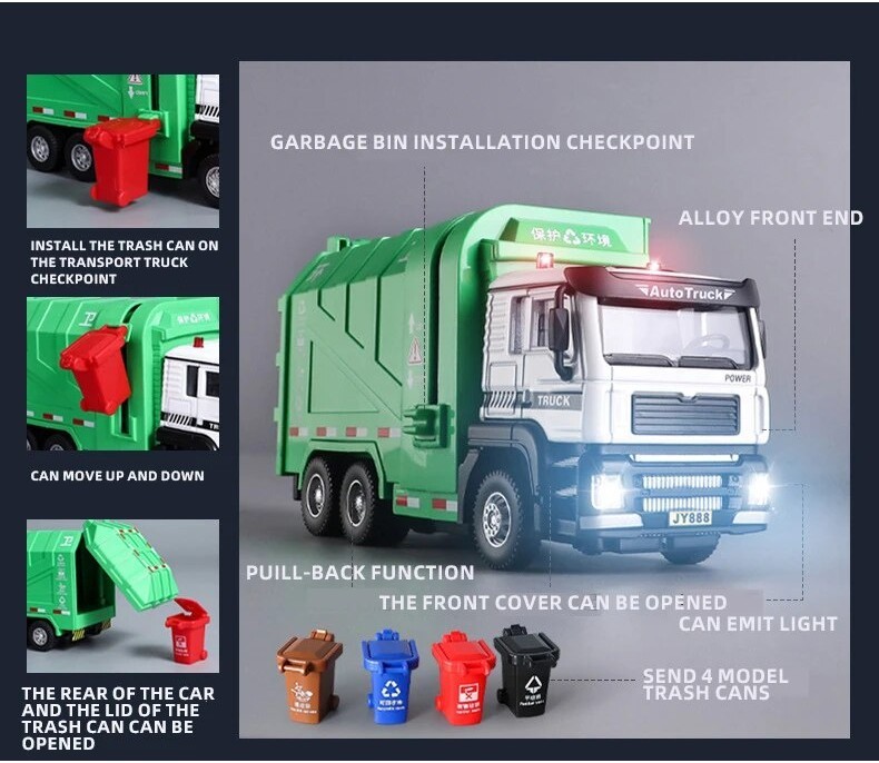 Garbage Truck Toys Metal Diecast Friction Powered Toy Large Alloy Garbage  Truck Toy Transporter Size Children's Car Simulation Sorting Bin Boy