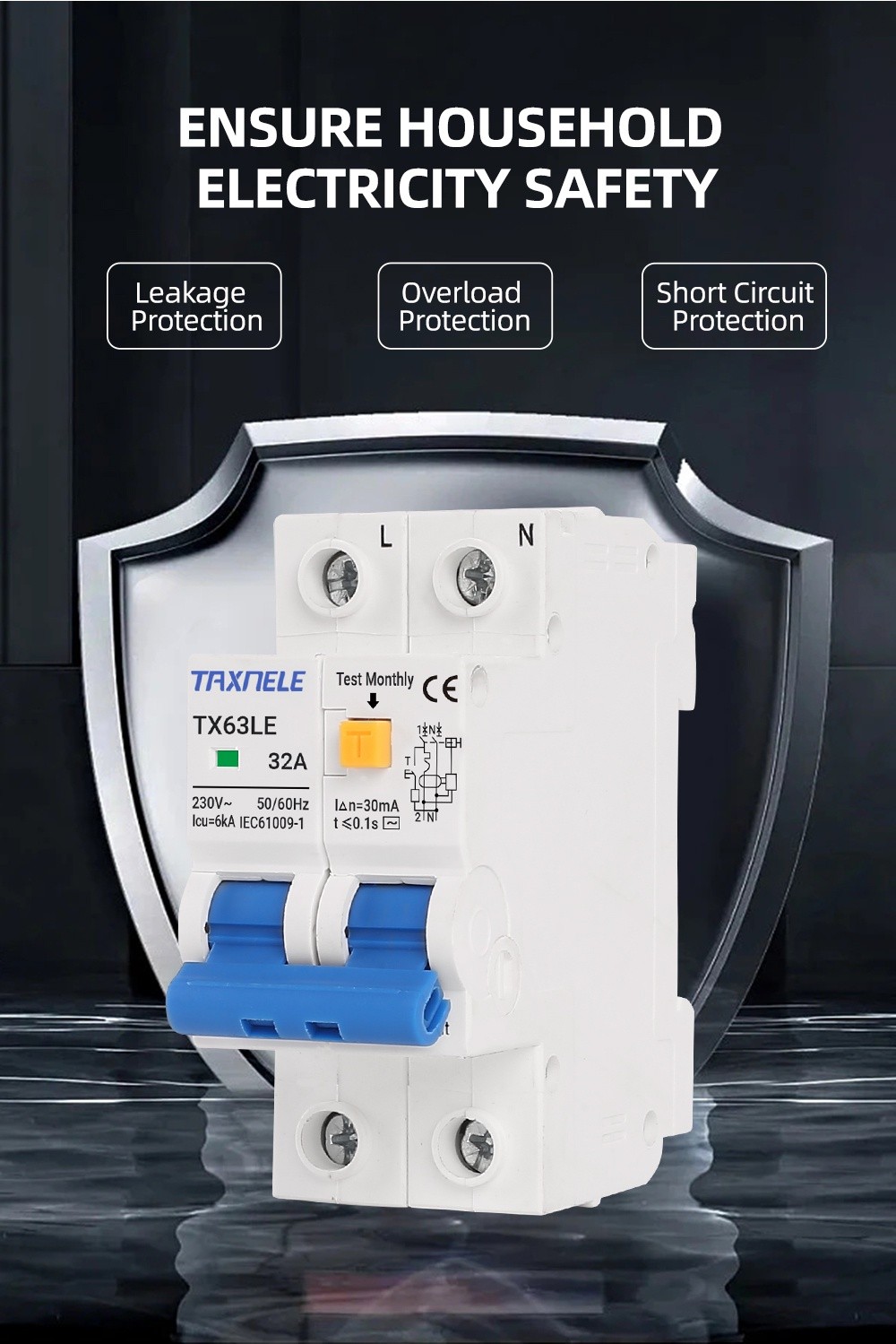 32A 63A 230V 2P Residual Current Circuit Breaker 30mA Overload Short ...