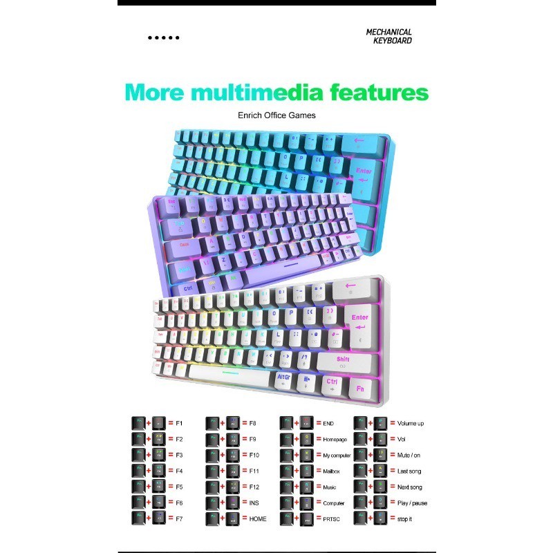 Jxct60-2 Wired 62-Key RGB Luminous Mechanical Keyboard Game Office Type ...