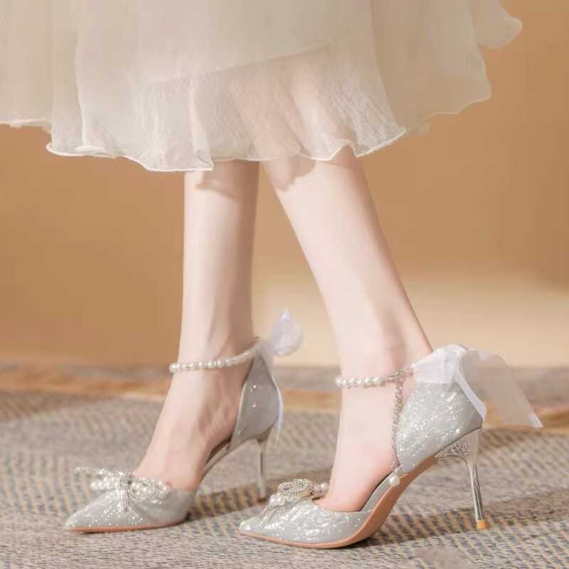 Silver High Heels Women's Summer 2025 New Pearl Ribbon Bow Pointed Heel ...