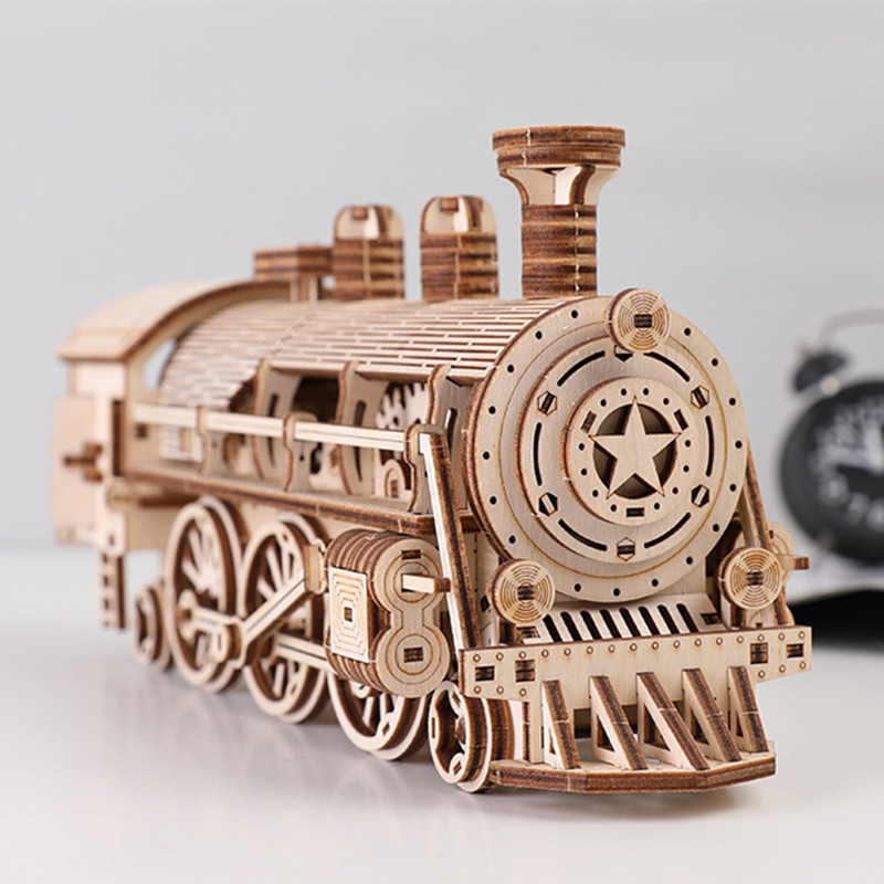 3D Wooden Puzzles For Adult DIY Model Block Kits Movable Steam Train ...