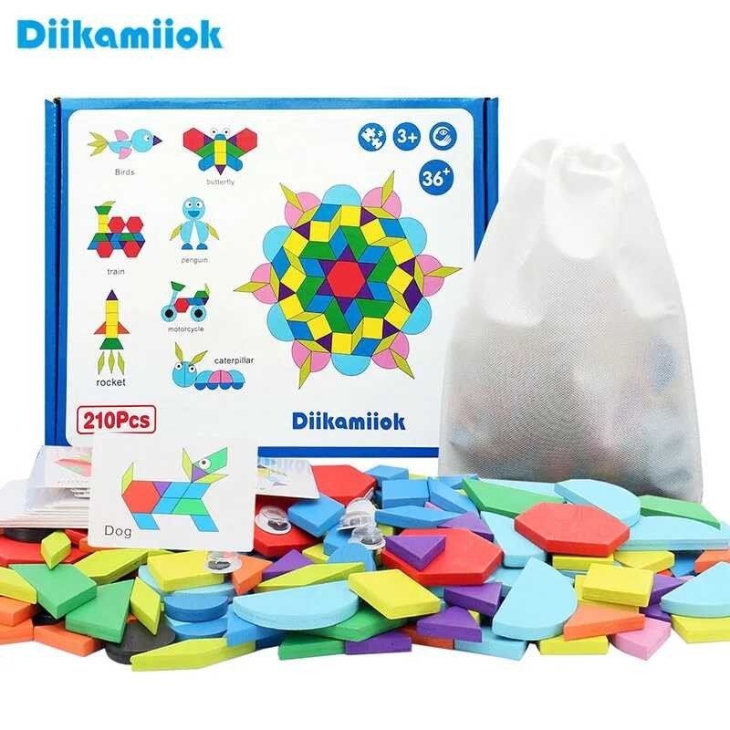 ๓ Diikamiiok Wooden 3D Puzzles Geometric Shape Tangram Jigsaw Puzzle ...