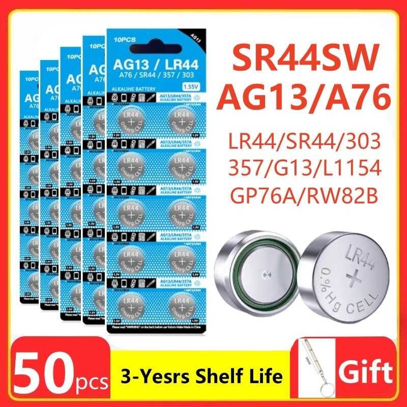 50Pcs Ag13 Lr44 A76 357A Button Cell Coin Alkaline Battery 1.55V Sr44sw ...