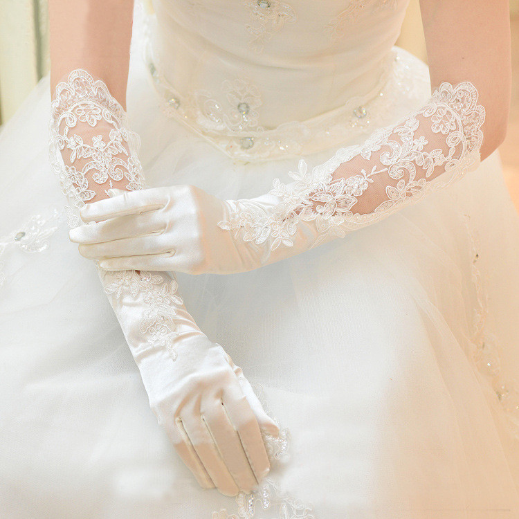 Elegant Wedding Gloves for Bride Flower Embroider Lace Satin Fingerless ...