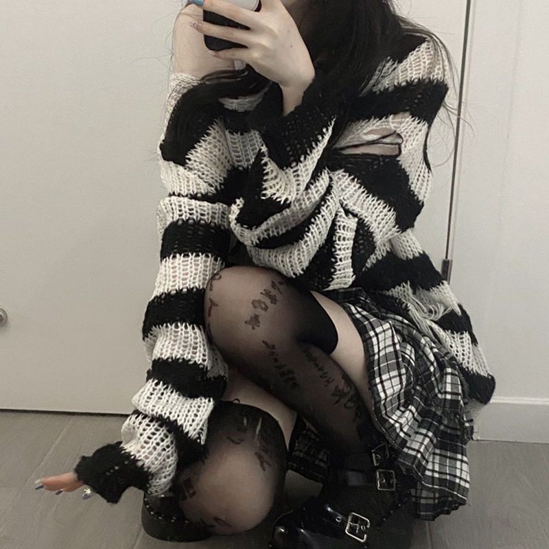 Karrcat Punk Gothic Long Sweater Women Dark Aesthetic Striped Pullovers ...
