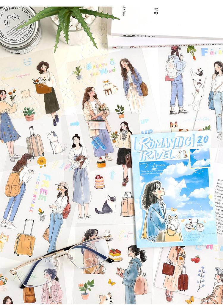 Journamm 20 Sheets Cute Girls Stickers PET Stickers Book Creativity ...