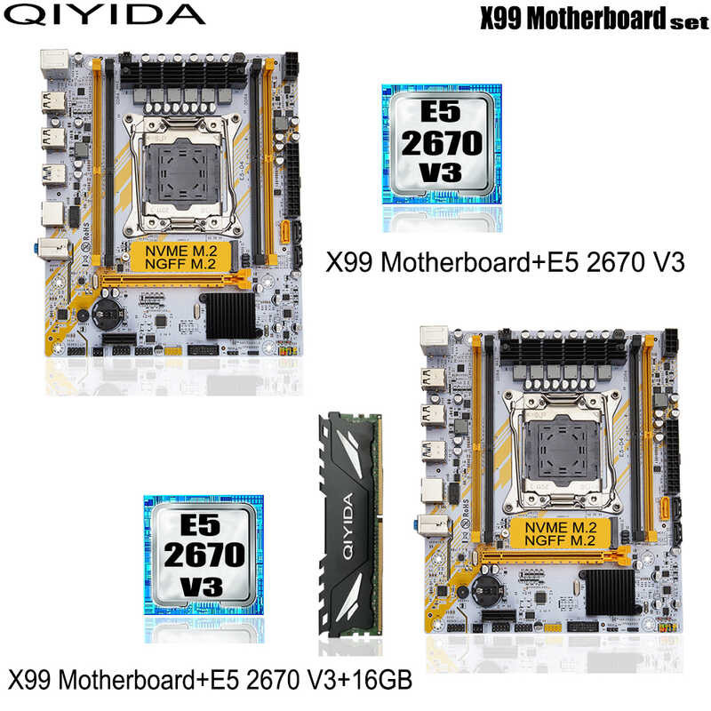 QIYIDA X99 Motherboard set LGA2011 3 kit Sa Xeon 2670 V3 CPU Processor ...