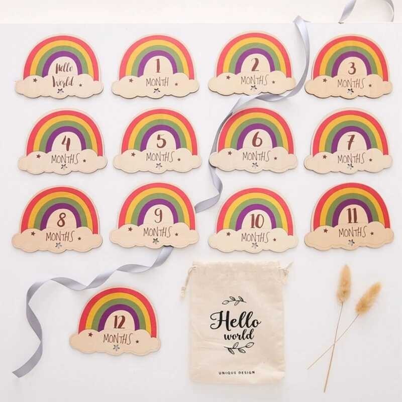 New Rainbow Theme Wooden Baby Milestone Card Birth Growth Recording ...
